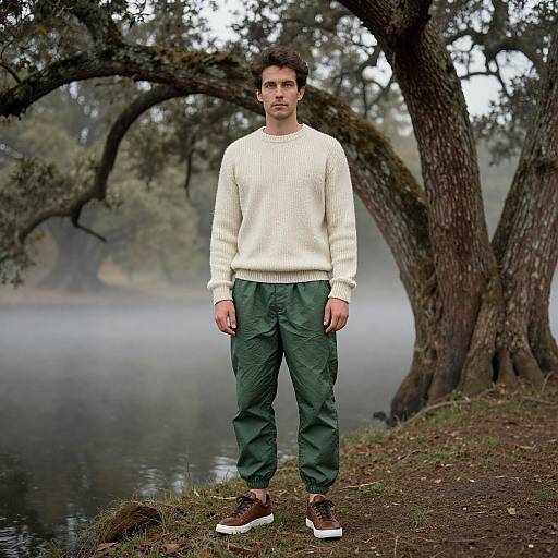 Photograph of a young man with short dark hair, wearing a cream sweater, green cargo pants, and brown sneakers, standing by a misty lake