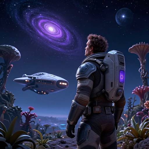 Sci-fi illustration: Astronaut in silver armor with glowing backpack stands on alien planet, facing hovering spaceship and purple galaxy. Vibrant flora surrounds.