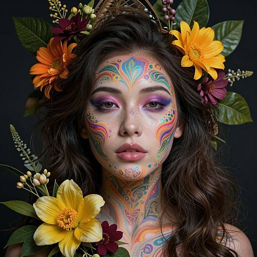 Photograph of a woman with vibrant, colorful face paint, floral headpiece, and large yellow and orange flowers, set against a dark background.