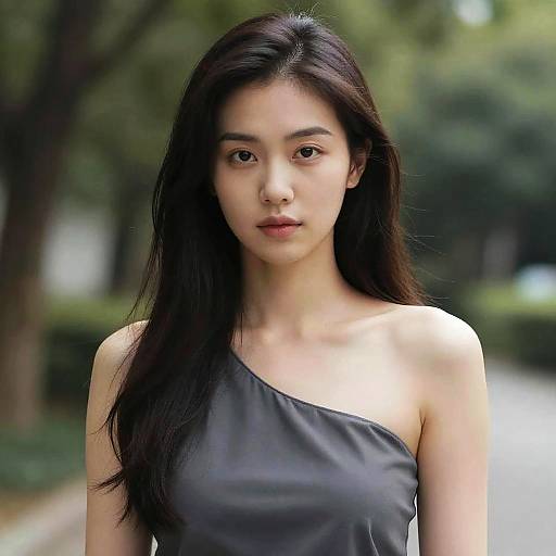 Photograph of an Asian woman with long black hair, wearing a gray one-shoulder dress, standing outdoors in a blurred green park.