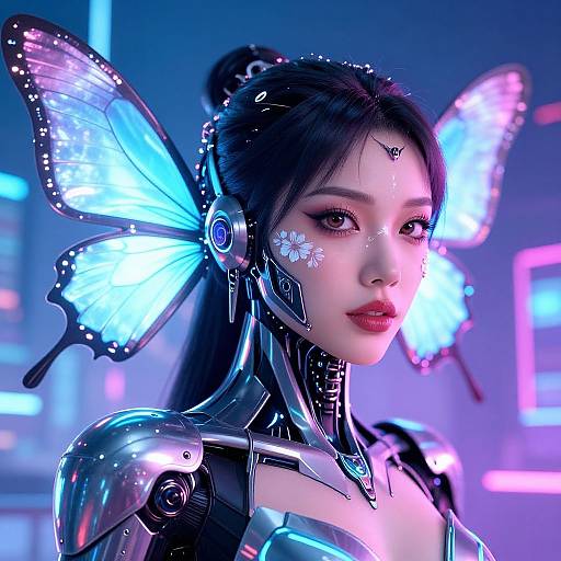 Digital artwork of an Asian woman with glowing blue butterfly wings and cybernetic enhancements, set against a neon-lit cityscape.