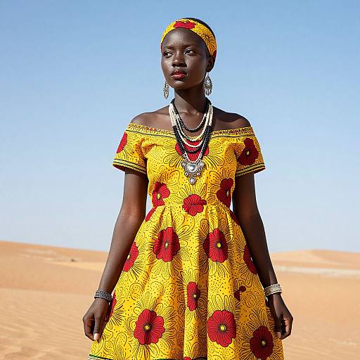 Photograph of a confident African woman in a yellow floral dress with red flowers, standing in a bright, clear desert landscape. She wears a matching head