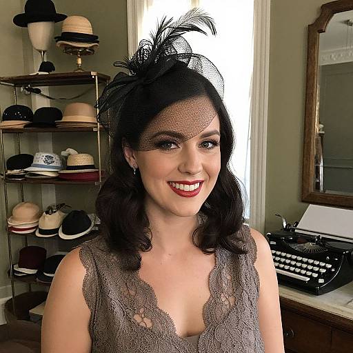 Photograph of a smiling woman with fair skin, black wavy hair, lace dress, and black netted hat, in a vintage hat shop.