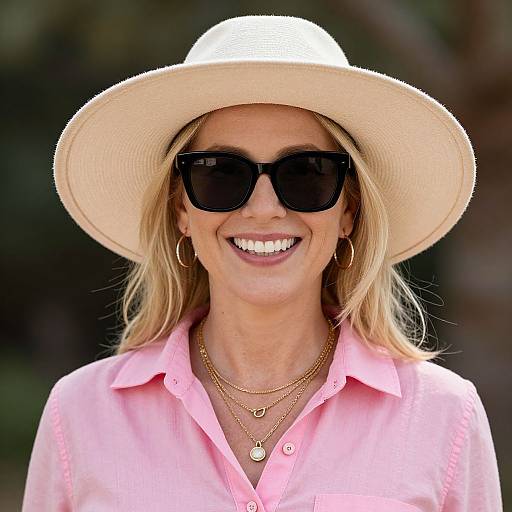 Photograph of a smiling blonde woman wearing a white sunhat, black sunglasses, pink button-up shirt, gold necklaces, and hoop earrings.
