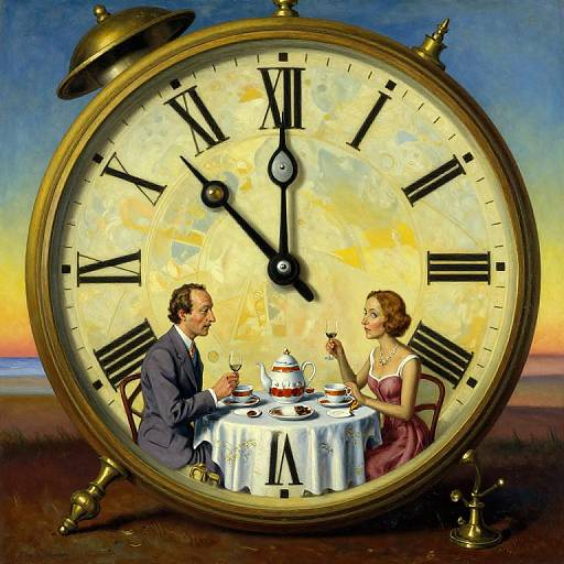Vintage-style painting: Man and woman in formal attire dine at a table in front of a giant clock face with Roman numerals. Sunset sky in background