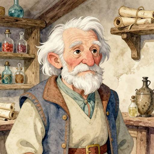 Illustration of an elderly, white-haired, bearded man with a kind expression, wearing a blue vest over a beige shirt, in a rustic,
