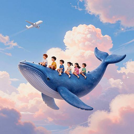 Digital illustration of five children riding a blue whale through a bright, cloudy sky, with a small airplane in the background.