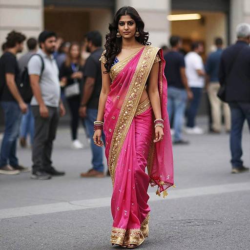 South Asian Woman in Vibrant Pink Saree Walking on Street