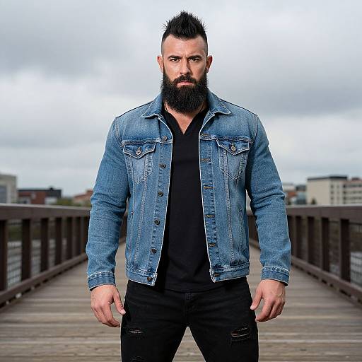 Photograph of a muscular, bearded man with a black pompadour, wearing a blue denim jacket and black shirt, standing on a wooden bridge