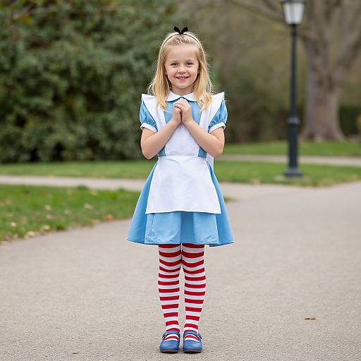 Photograph of a smiling blonde girl in a blue and white dress, red and white striped tights, and blue shoes, standing on a park path