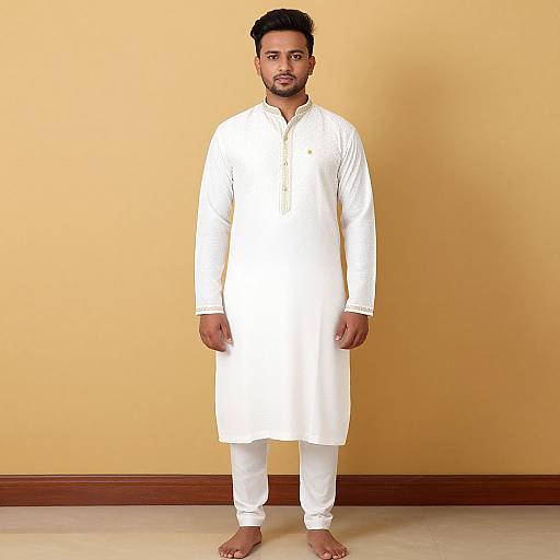 Photograph of a South Asian man with short black hair and beard, wearing a white traditional long kurta and white pants, standing barefoot against a