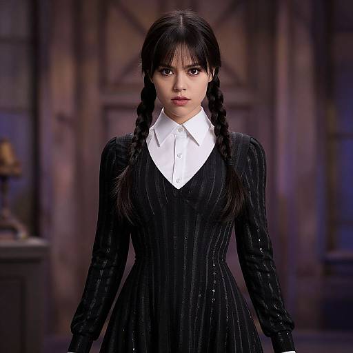 Photograph of an Asian woman with black braided hair, wearing a black pinstriped dress with a white collar, standing in a dimly
