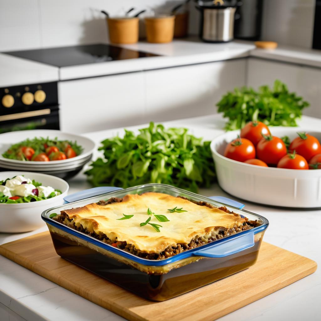 Traditional Greek Moussaka and Salad Photo