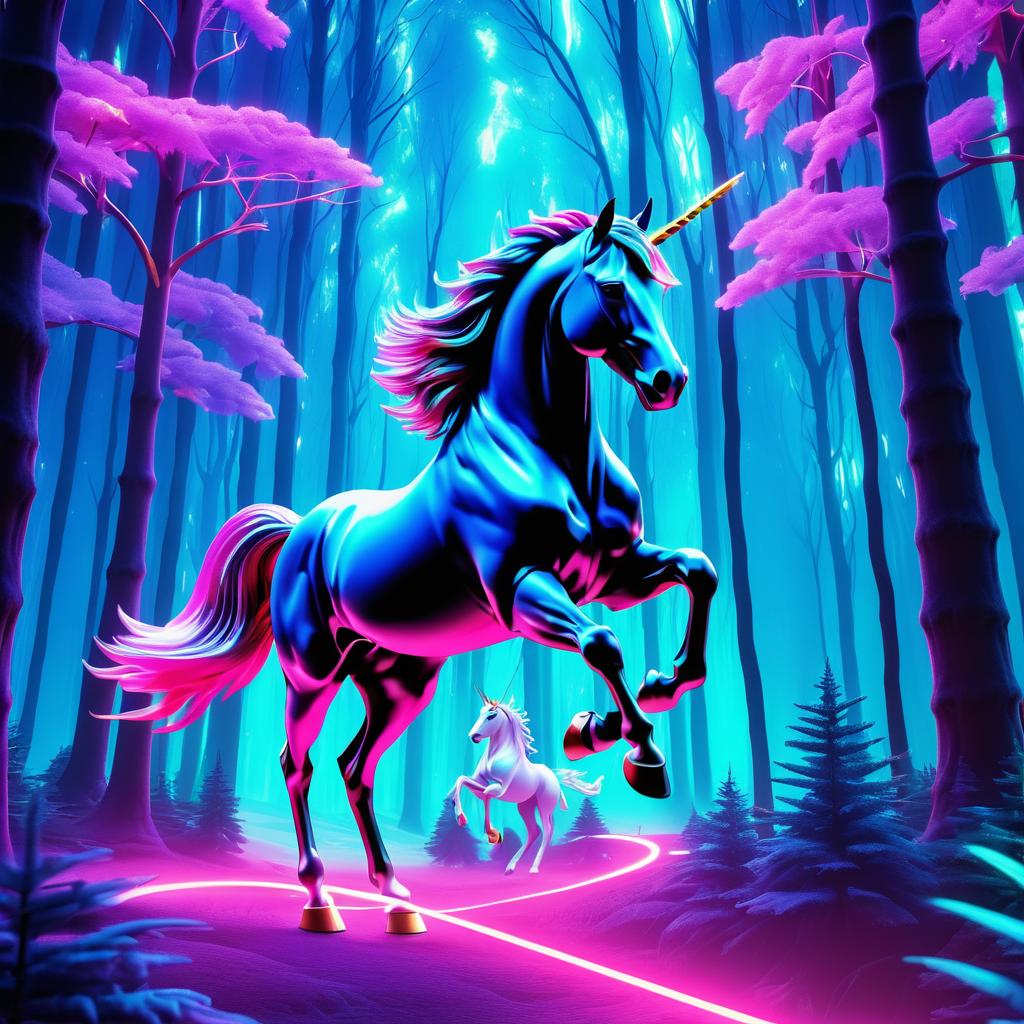 Epic Unicorn in Neon Forest Adventure