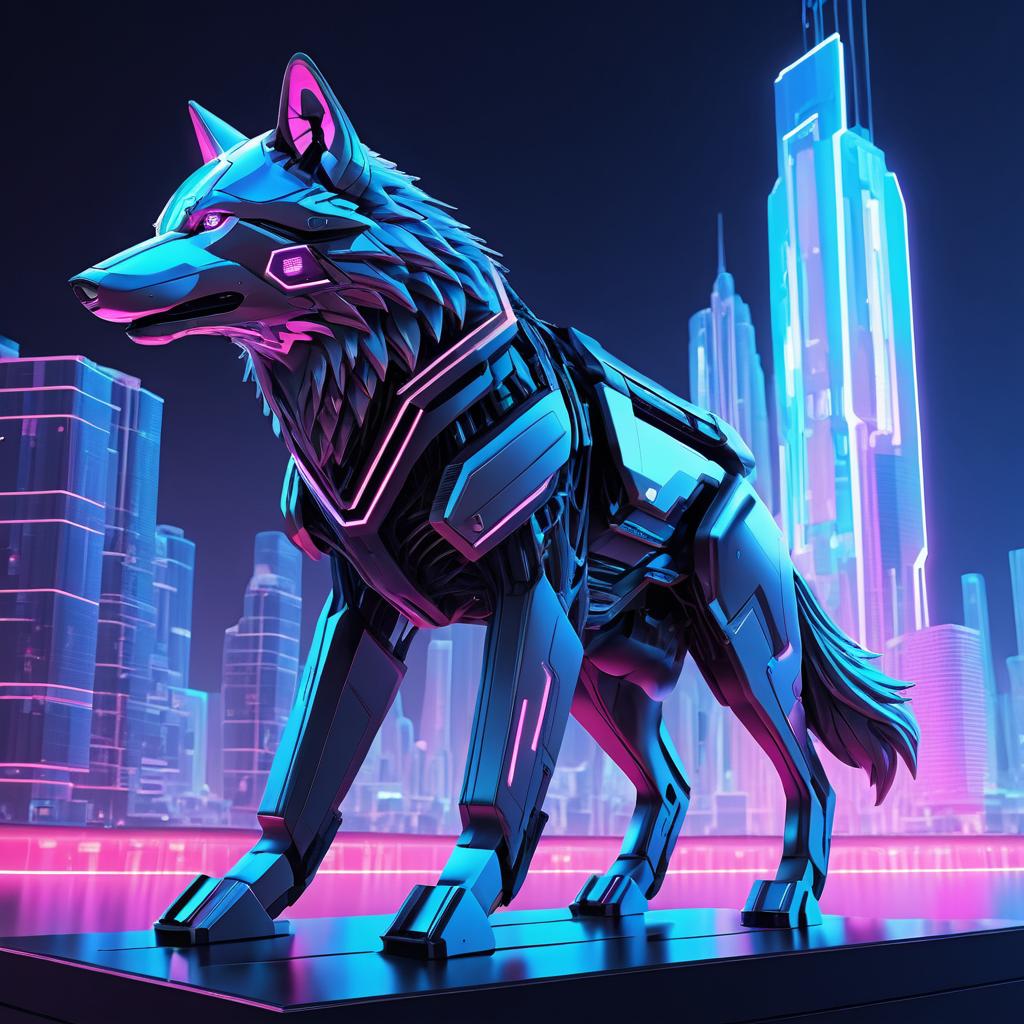 Futuristic Robotic Wolf in Neon Cityscape