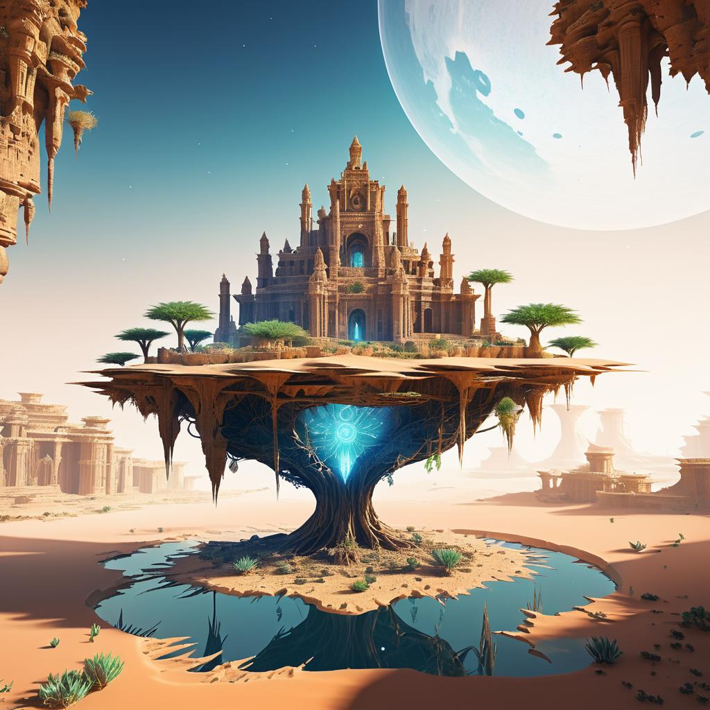 Mystical Floating Ruins in Desert Landscape