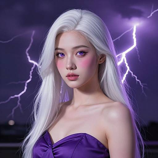 Digital art of a pale-skinned, white-haired woman with purple eyes, wearing a strapless purple dress, surrounded by purple lightning in a dark,