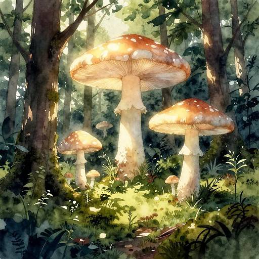 Watercolor painting of a sunlit forest with large, glowing orange and white mushrooms surrounded by lush greenery and tall trees.