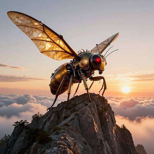 Photograph of a large, metallic, insect-like robot with glowing red eyes, golden body, and transparent wings, standing on a rocky peak at sunset