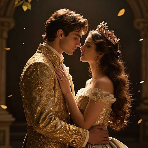 Photograph-like CGI of a romantic couple in elaborate gold royal attire, gazing into each other's eyes, dimly lit with falling leaves.