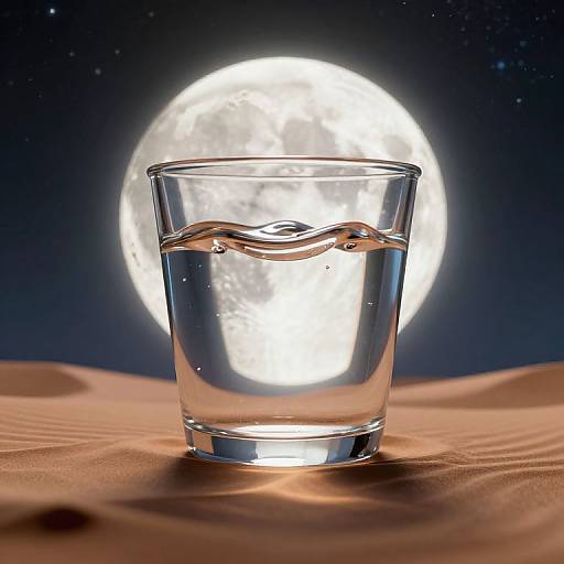 Photograph of a clear glass with water, centered on a sandy surface, with a bright full moon in the starry night sky in the background.