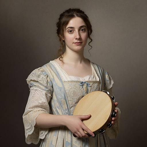 Photograph of a young woman with fair skin and dark hair, wearing a lace-trimmed, blue-striped 18th-century dress, holding a