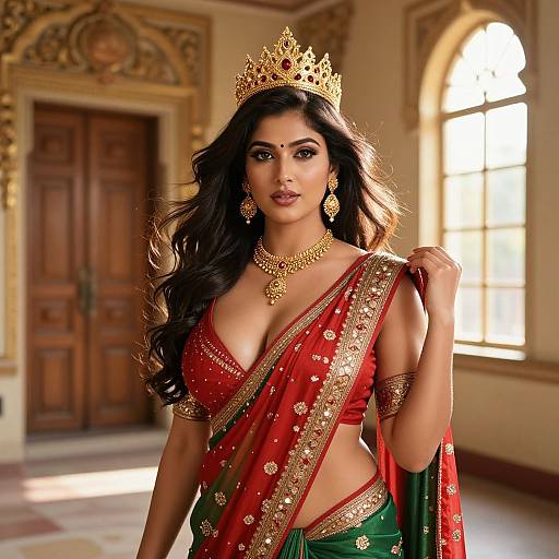 Photograph of an Indian princess with long black hair, wearing a gold crown, red and green embroidered sari, gold jewelry, standing in a grand