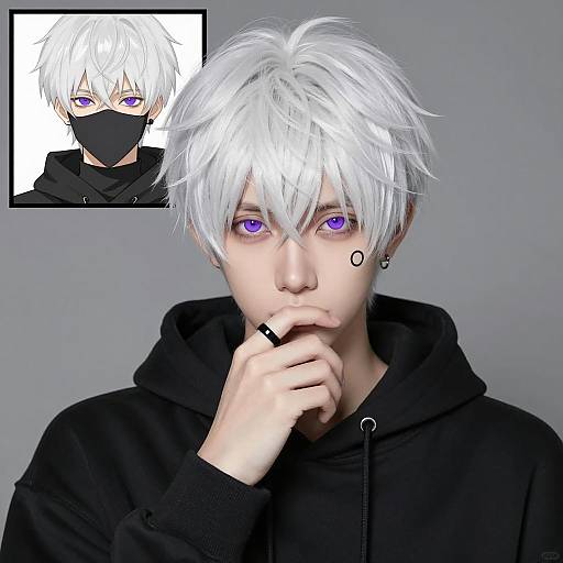 Young Man with White Hair and Purple Eyes in Black Hoodie