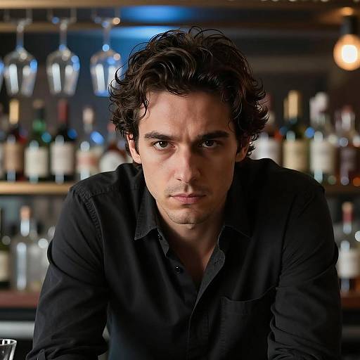 Serious Man at a Blue-Lit Bar