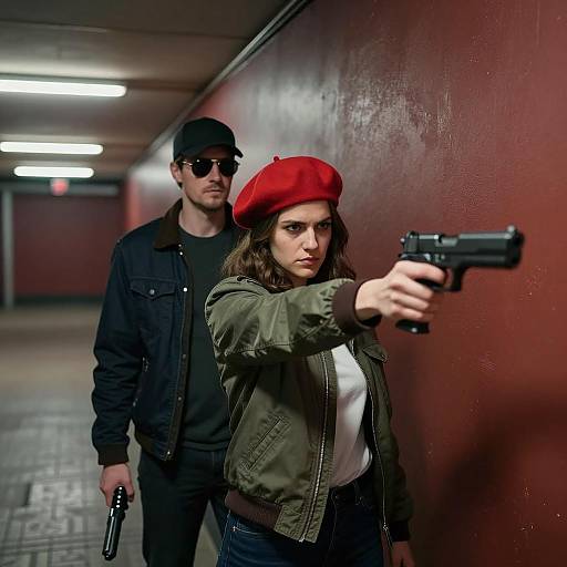 Woman Aiming Gun in Underground Corridor