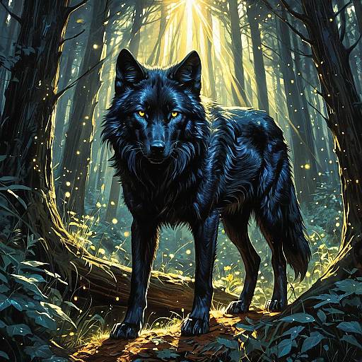 Enchanting Black Wolf in a Luminous Forest