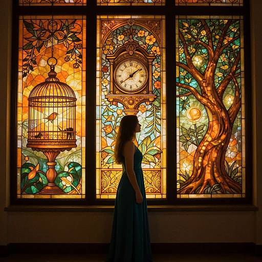 Photograph of a silhouette woman in a blue dress standing before a vibrant, stained-glass window featuring a clock, birdcage, and tree.