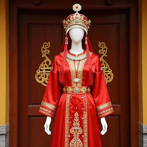 Mannequin in Traditional Red and Gold Attire