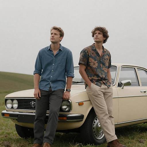 Two Men with Classic Car on Hill