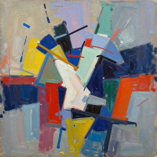 Abstract painting with bold, geometric shapes in colors of blue, red, yellow, white, black, and green on a textured gray background.