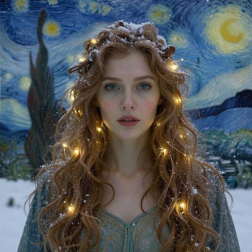 Photorealistic digital artwork of a fair-skinned, blue-eyed redheaded woman with snow-dusted wavy hair, adorned with glowing fairy lights,