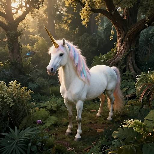 Photorealistic CGI of a white unicorn with a multicolored mane standing in a lush, sunlit forest, surrounded by dense greenery and tall