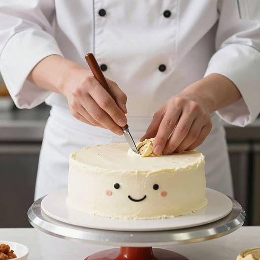 Photograph of a chef in a white double-breasted jacket decorating a white, smiley-faced cake with a butter knife in a kitchen.