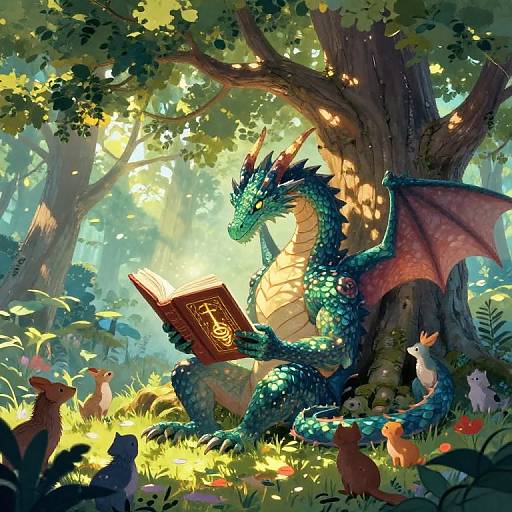 Digital fantasy artwork: Blue-green dragon with red wings reads an ornate book in a sunlit forest, surrounded by curious rabbits and birds.