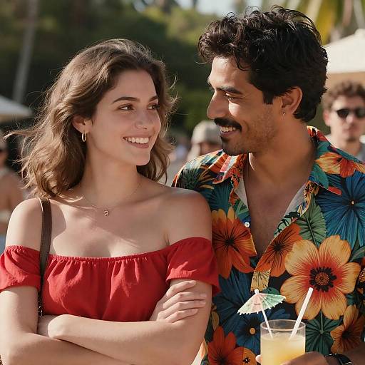 Smiling Couple Outdoors with Tropical Drink