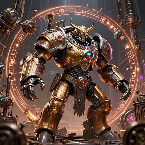 Digital artwork of a golden, robotic minotaur with horns, glowing blue and red eyes, standing in a futuristic, glowing circular control room.