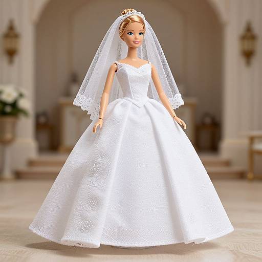 Photograph of a blonde doll in a white, detailed wedding dress with lace veil, standing in a softly lit church.
