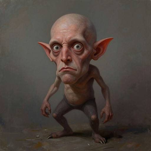 Digital painting of a small, bald, pink-skinned goblin with large ears, wide eyes, and a serious expression, standing against a dark,