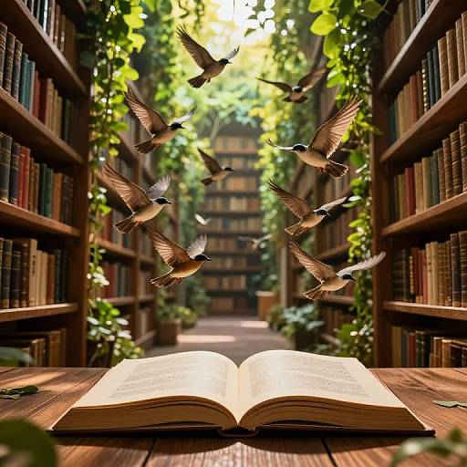 Magical Library with Flying Birds
