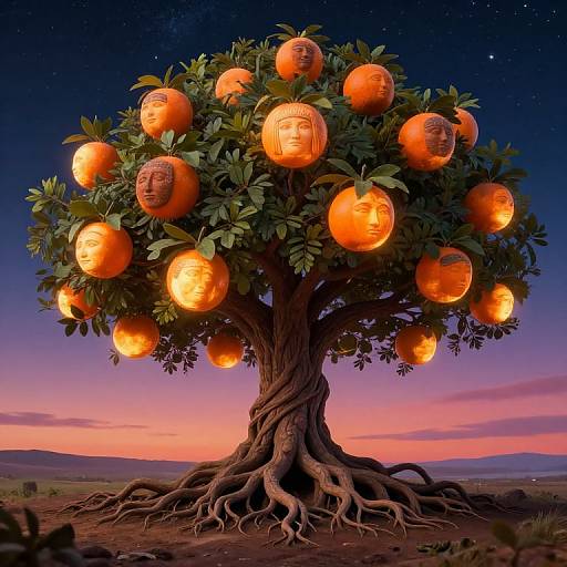 Magical orange tree with glowing, face-carved fruits under a starry night sky; detailed roots spread across a desert landscape. Digital artwork.