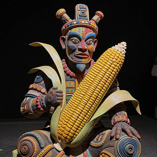 Photograph of a colorful, intricately painted, traditional mask-wearing dancer holding a large, yellow corn on the cob with green leaves. Dark background