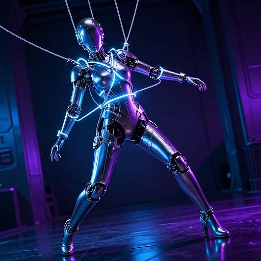Neon-lit, futuristic robotic dancer suspended by wires in a dark, purple-hued stage, illuminated by vibrant blue and purple lights.