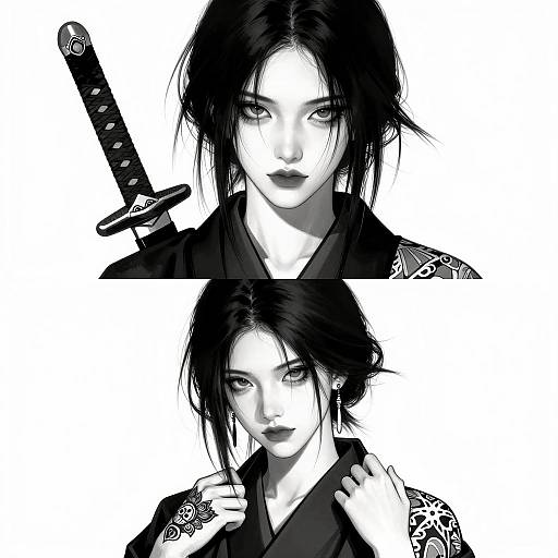 Digital Illustration of Two Asian Women in Traditional Japanese Clothing