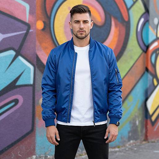 Photograph of a bearded, muscular man with short dark hair, wearing a blue bomber jacket over a white t-shirt and black pants, standing in