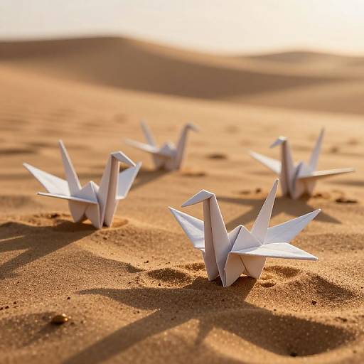 Photograph of five white paper cranes scattered on sunlit, textured sand, casting sharp shadows, with a blurred, bright horizon in the background.